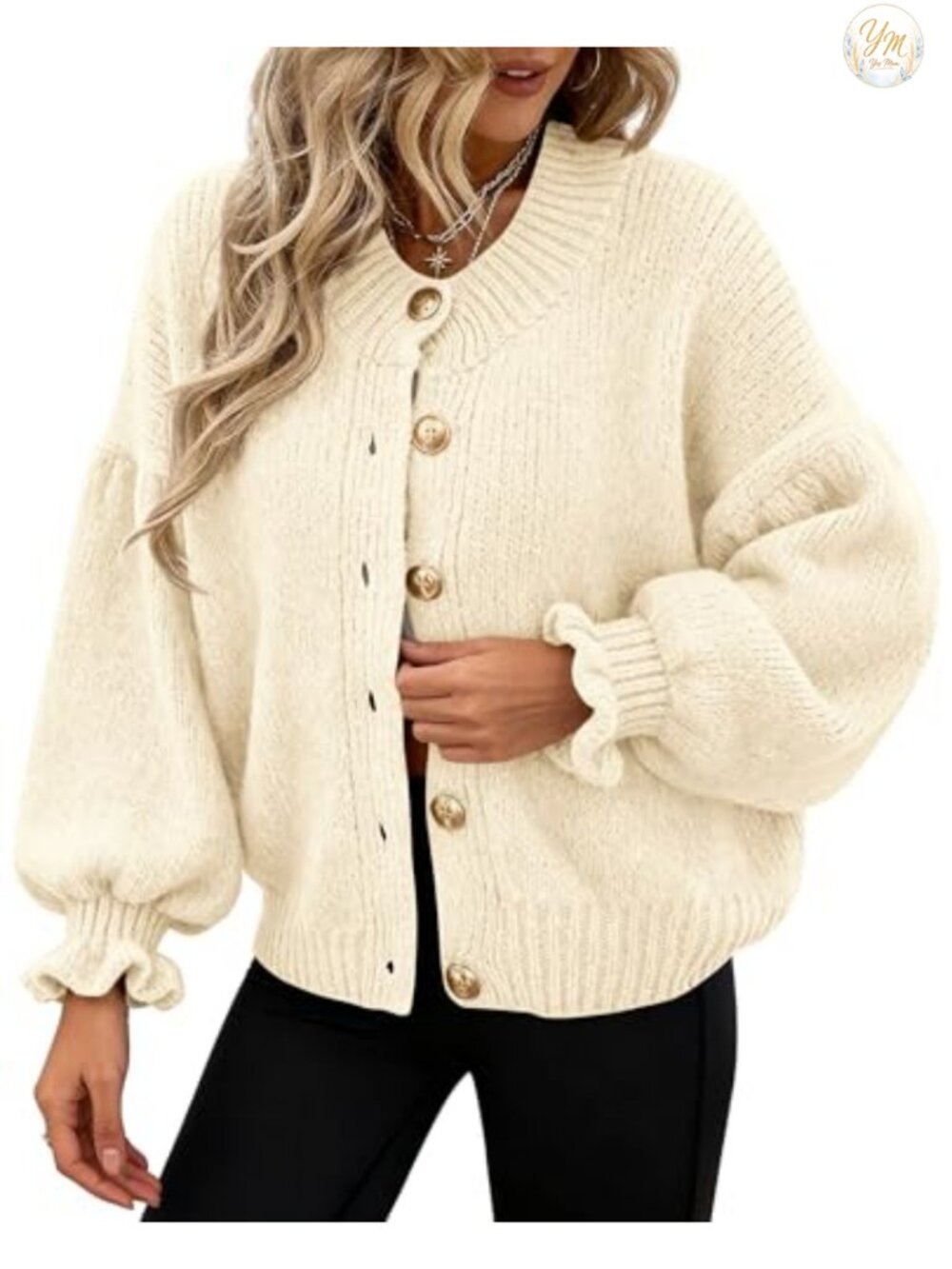 Women's Chunky Knit Cardigan Sweater Long Sleeve Ruffle Button Up